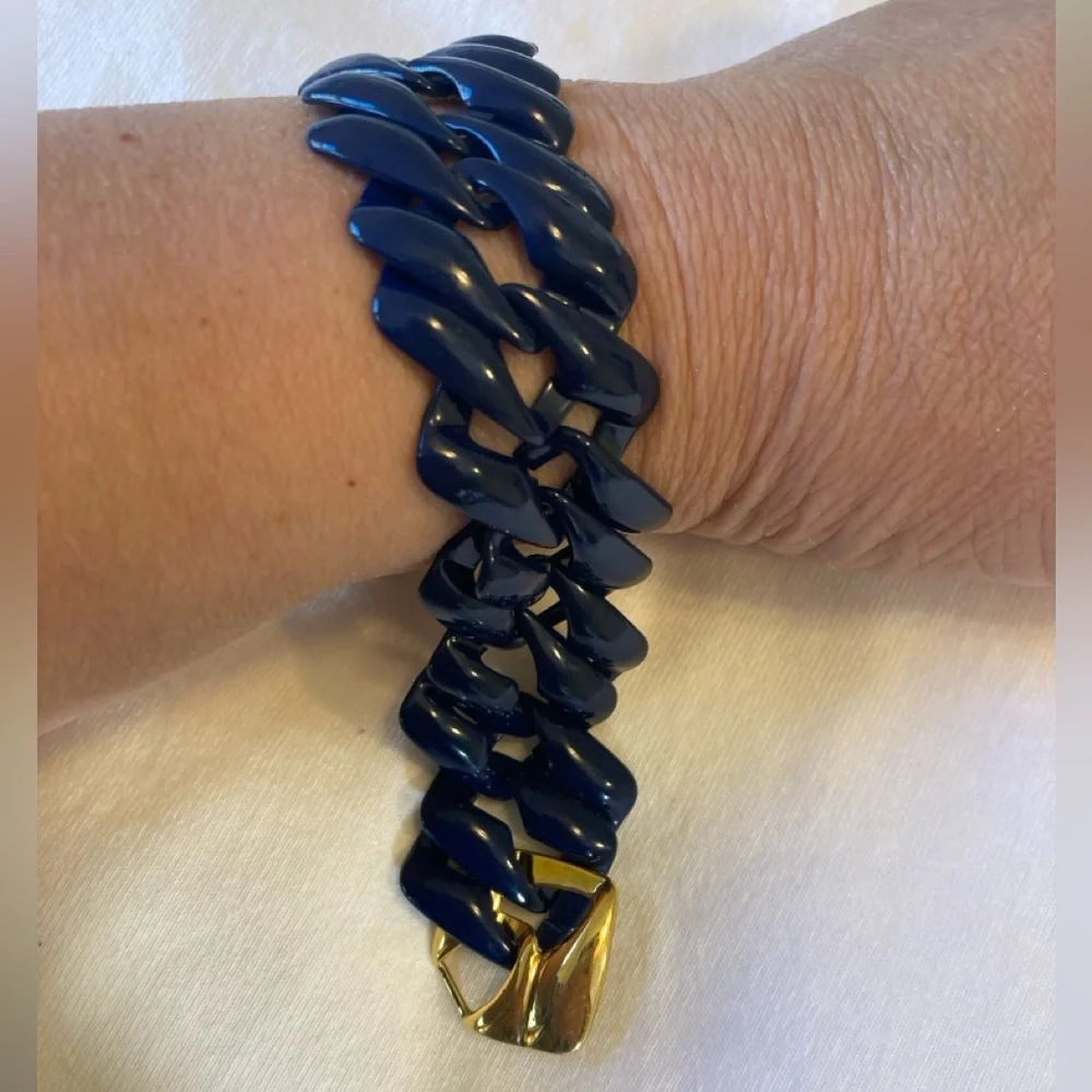 Napier Vintage Navy Blue Enameled Chain Link Bracelet Gold Tone - Picture 8 of 10